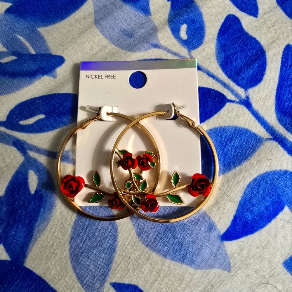 Gold and Red Rose Hoop Earrings
